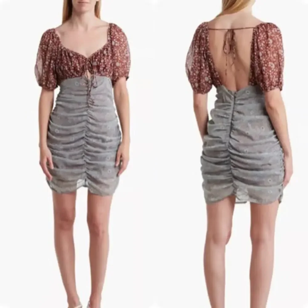 Free People Tessa Storm Combo Boho Floral Print Ruched Mini Dress Size Small - Picture 4 of 4